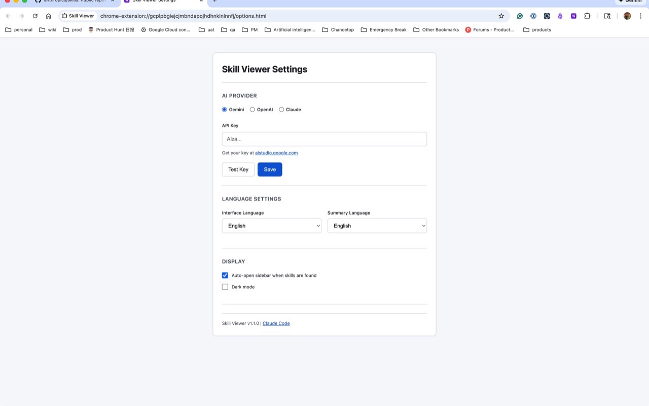 Skill Viewer settings page